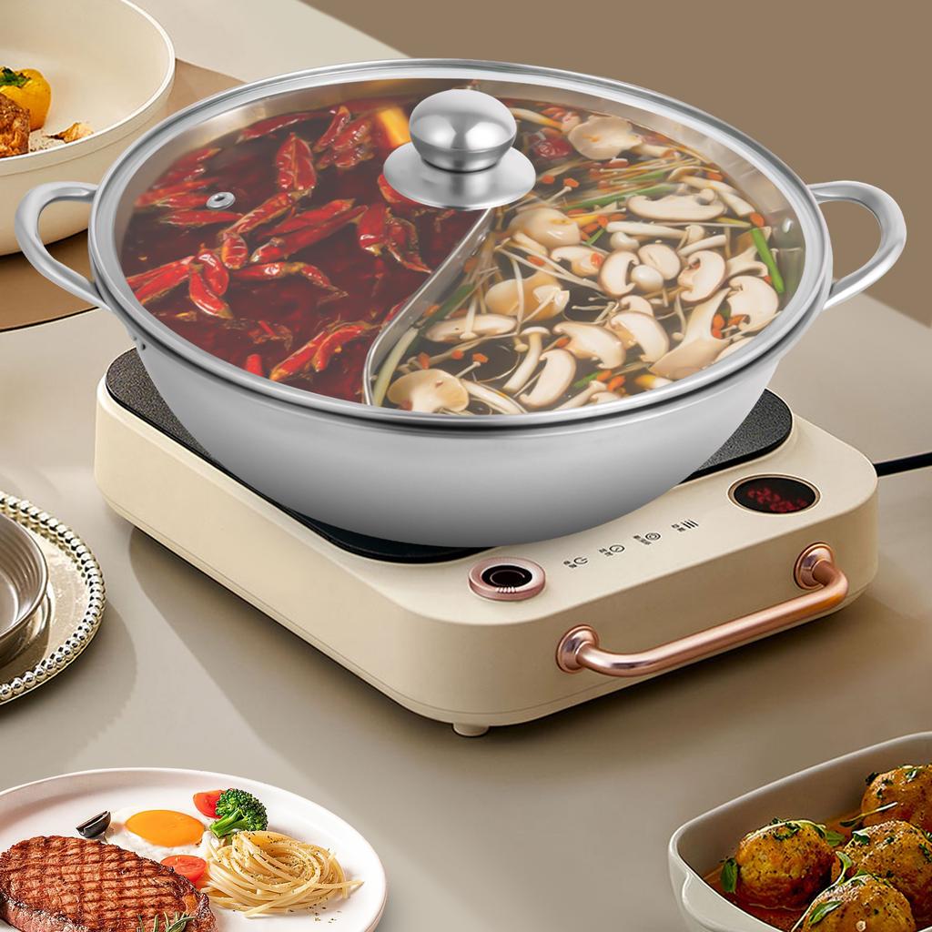 2-in-1 Stainless Steel Hot Pot with Divider & Glass Lid, 28cm Multipurpose Shabu Shabu Pot, Kitchen Cooking Pot for Ramen, Soup