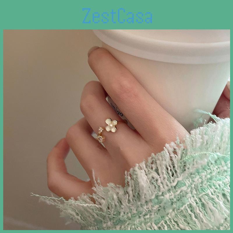 Stylish Adjustable Floral Ring With Pearl Zirconia For Women Summer 2023 Fashion Jewelry