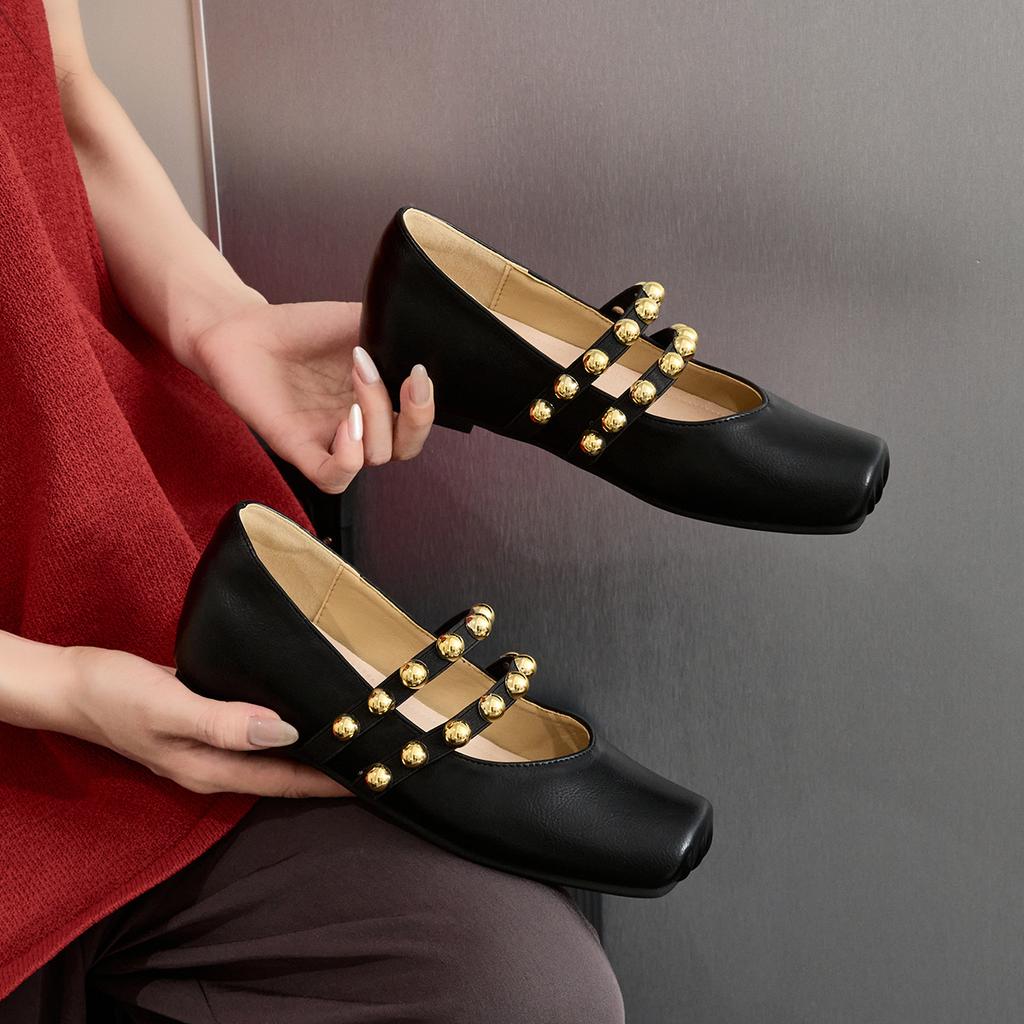Ballet Single Shoes Women's Soft Leather Inner Height Increase Flat Bottom Rivets One Word Belt Mary Jane Women's Shoes 2025 Ballet Shoes