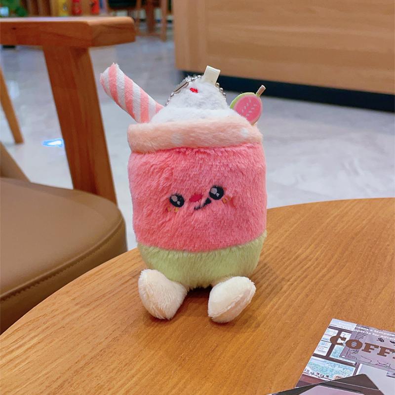 Cute Cartoon Ice Cream Smoothie Cup Plush Keychain Kawaii Cartoon Stuffed Doll Pendant Key Ring Bag Backpack Decoration Gift