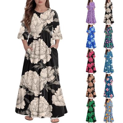 Girls' Tiered Ruffle Dress - 3/4 Sleeve Pocket Maxi With Pockets