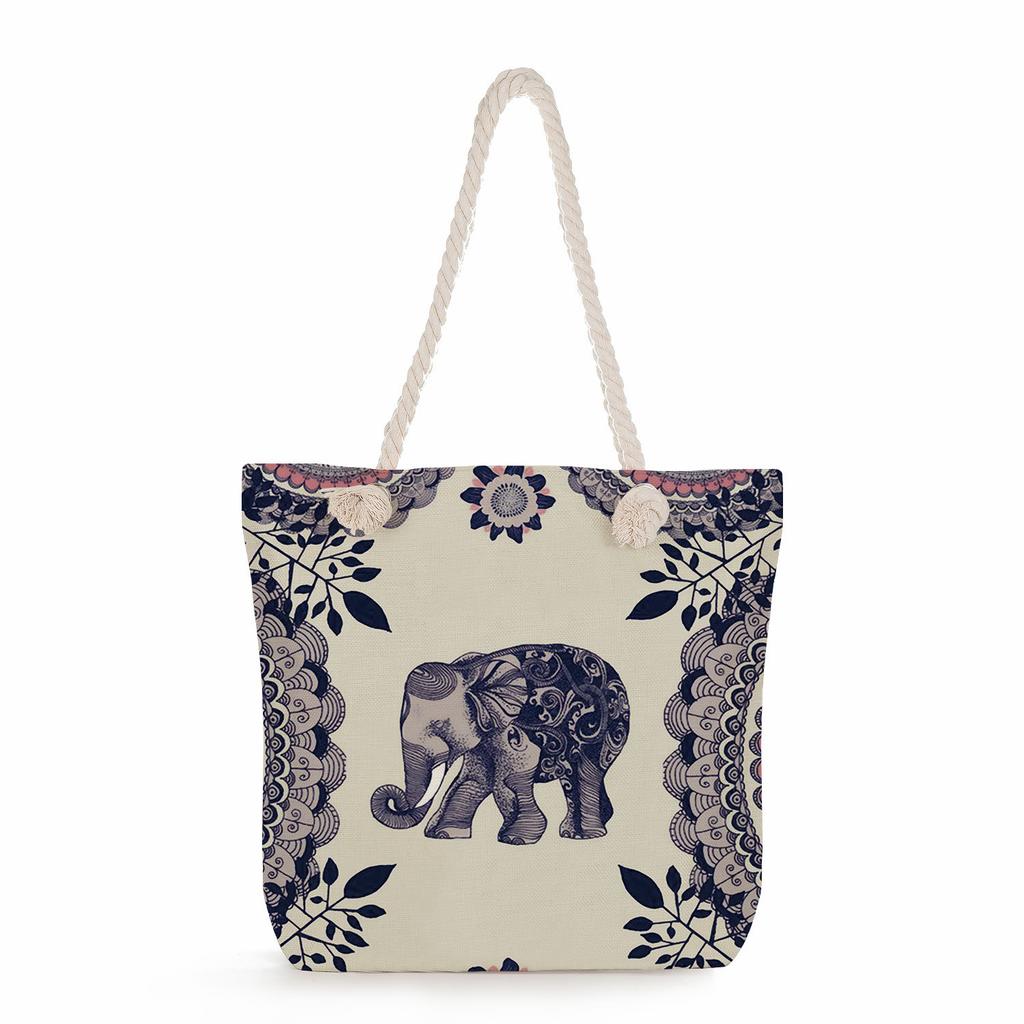 Elephant print thick rope single-shoulder beach bag 7287 CLE