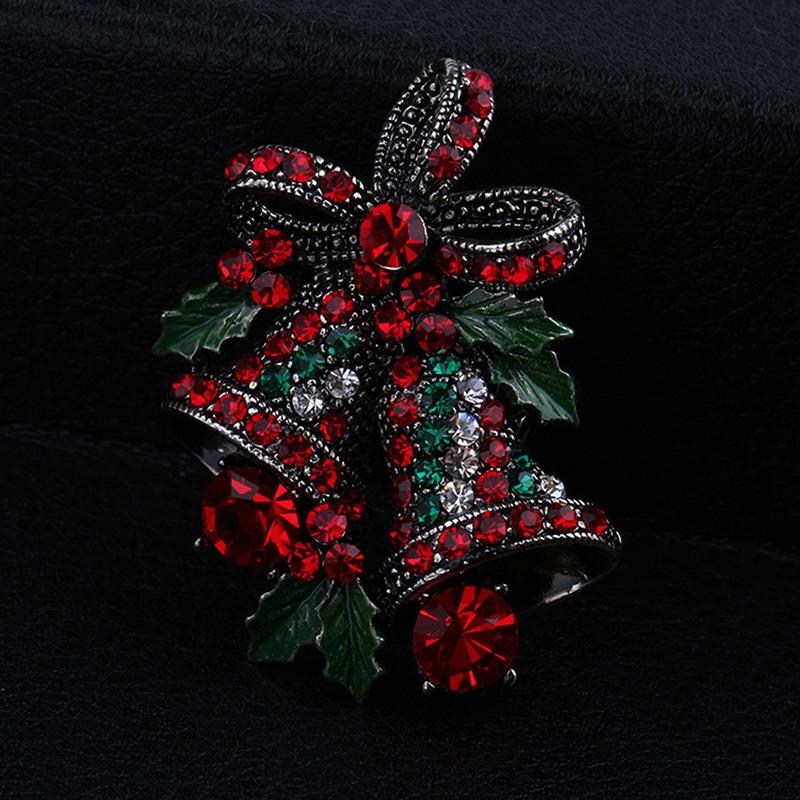 Vintage Christmas Bowknot Double Bells Brooch Pins with Green Leaves and Colorful Rhinestones Creative Gift Suit c Corsage for Women