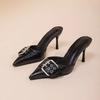 Mode Große Schnalle Dekor High Heel Sandalen Damen PU Leder Spitzschuh Punk Pantoletten Frau Sommer Übergröße Dünne Absätze Mules Pantoletten