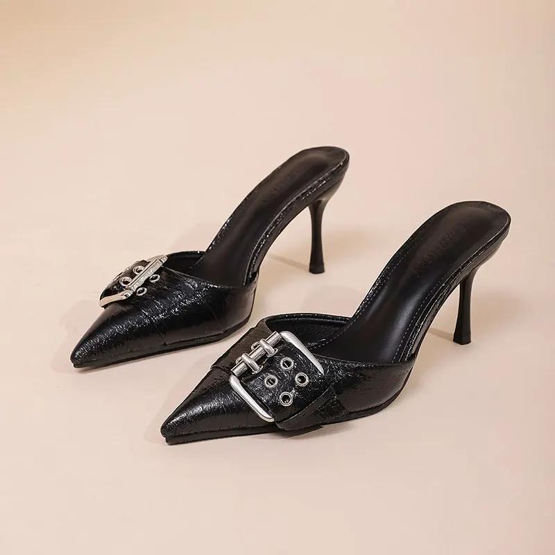 Fashion Large Buckle Decor High Heel Sandals Women Pu Leather Pointed Toe Punk Slippers Woman Summer Plus Size Thin Heels Mules Slippers
