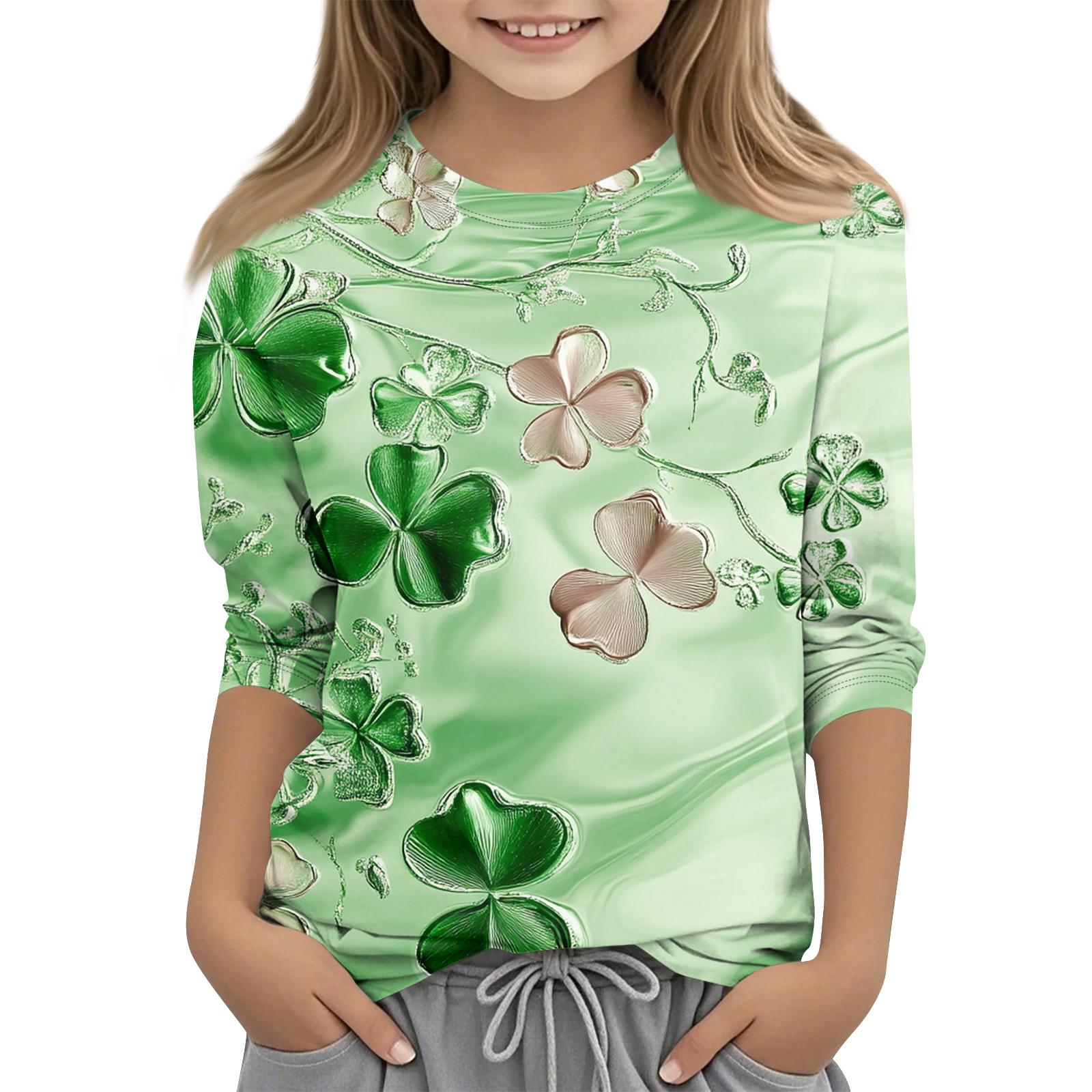 

улица. Топы с принтом ко Дню Святого Патрика для девочек-подростков 4-11 лет, футболки с круглым вырезом и рукавами 3/4, модные топы, футболки для наряда 160