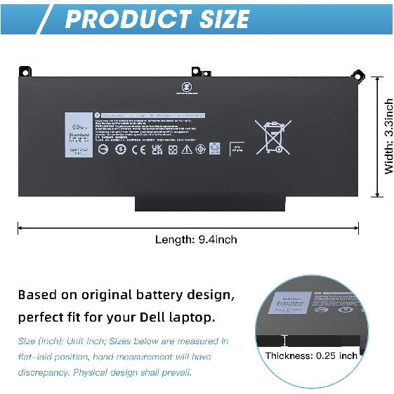 Latitude 7480 7490 Battery F3YGT Laptop Replacement for Dell Latitude 14 7000 7480 7490 12 7280 7290 13 7390 7380 E7480 E7490 E7280 E7290 E7390 Fits
