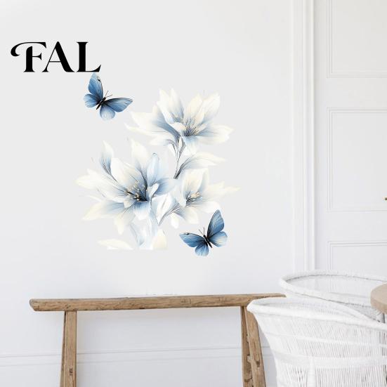 Adesivi Decorativi per Piastrelle del Bagno, Adesivi Murali Floreali Blu Lavati all'Inchiostro con Farfalle, Gigli Delicati da Staccare e Attaccare, Soggiorno Camera da Letto