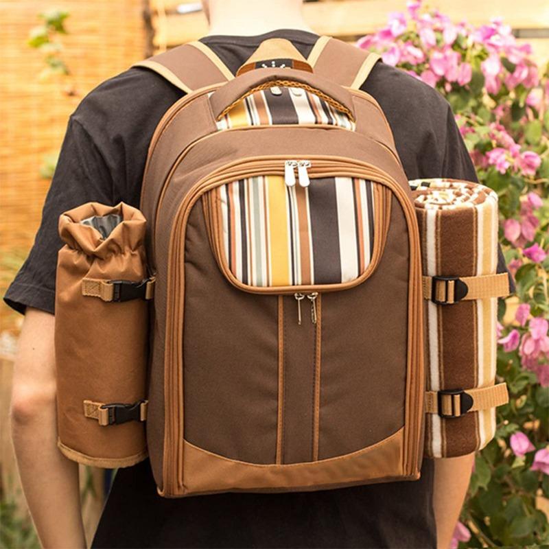 Picnic Tableware Bag Picnic Backpack for 4 Person Portable Thermal Insulation with Cooler Compartment Wine Bag Picnic Blanket