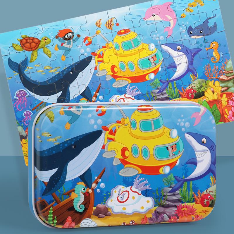 60-Piece Children's Wooden Cartoon Jigsaw Puzzle in Tin Box for Early Education