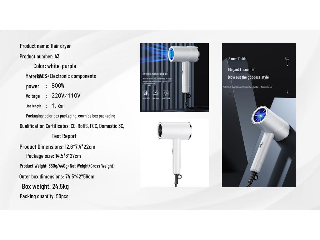 European-American High-Power Silent Ion Hair Dryer with Blue Light for Dorms (Japanese Standard)