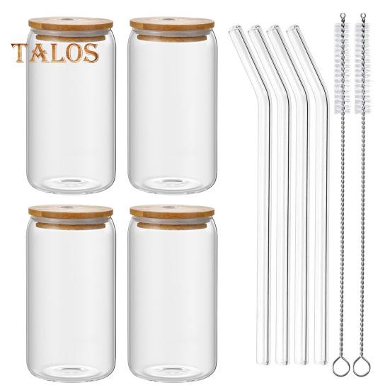 Set 4 Bicchieri In Vetro Con Coperchi E Cannucce Da 470ml | A Forma Di Lattina Per Cocktail E Caffè