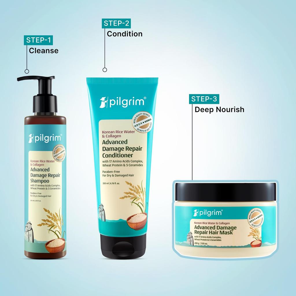 Pilgrim Unscented Hair Repair Mask 200 g Pack of 1 for Dry Frizzy Damaged Hair with Collagen & Rice Water