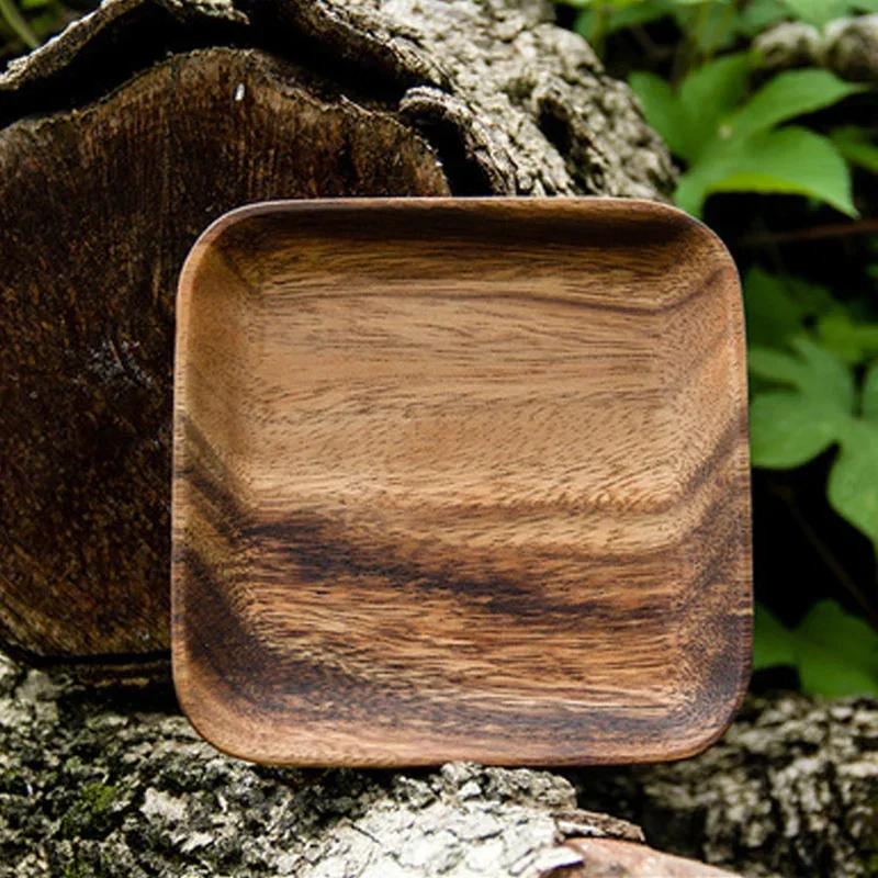 2Pcs Acacia Wood Plates Square Wooden Snack Plate Cake Dessert Fruit Serving Small Sushi Food Dishes Plate Set Wooden Tableware