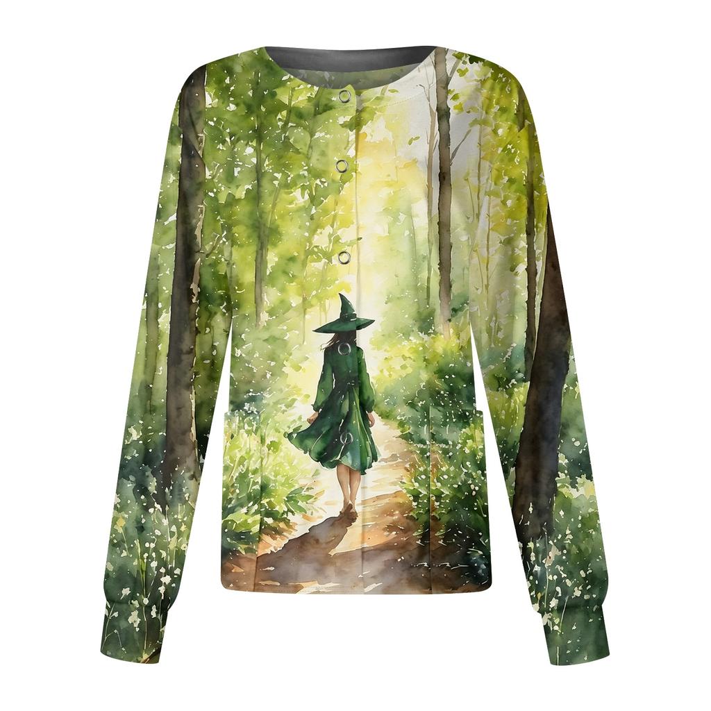 Women's Halloween Printed Long Sleeve Single Breasted Cardigan Top for Costume Party