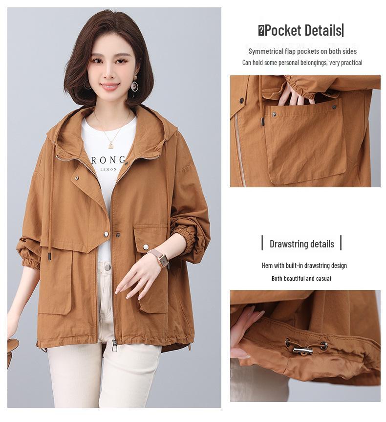 Stylish 2024 Women's Pure Cotton Hooded Jacket – Loose Fit, Plus Size, Casual Short Trench for Middle-Aged Moms