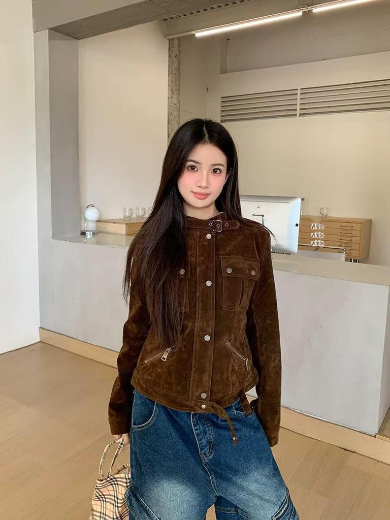2025 Women's High-End Coffee Suede Jacket with Maillard Effect Slimming Design