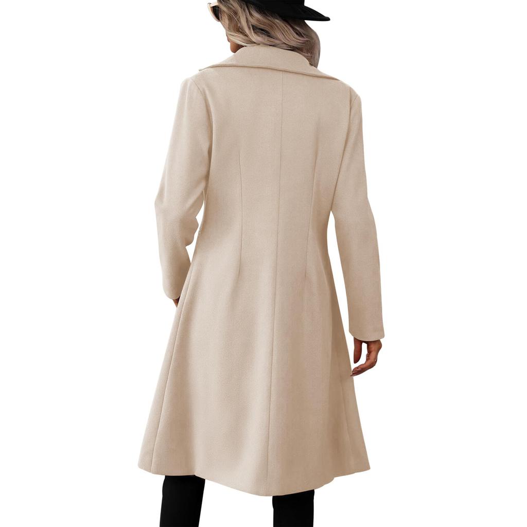 Women's Casual And Stylish Long Solid Color Wool Coat With Double-breasted Lapel