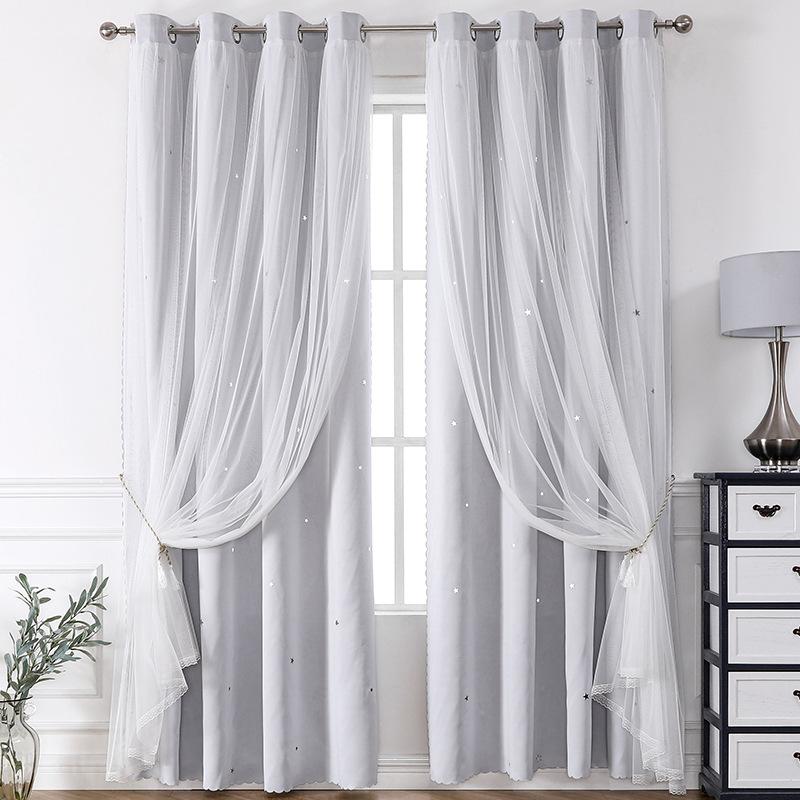 Lace Sheer+Blackout Curtains Double Layer Star-Pattern Drapes Sun Filtering Window Sheers Elegant Living Room Bedroom Decor