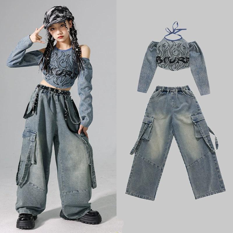Mädchen K-Pop Denim Crop Top Street Dance Cargo Jeans Hose Kinder Hip Hop Jazz Shorts Kleider Set Kinder Streetwear Bühnenkostüm