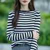 Spring New Style Round-neck Knitted Sweater, Long-sleeved, Color-blocked Striped Loose Pullover Base Layer