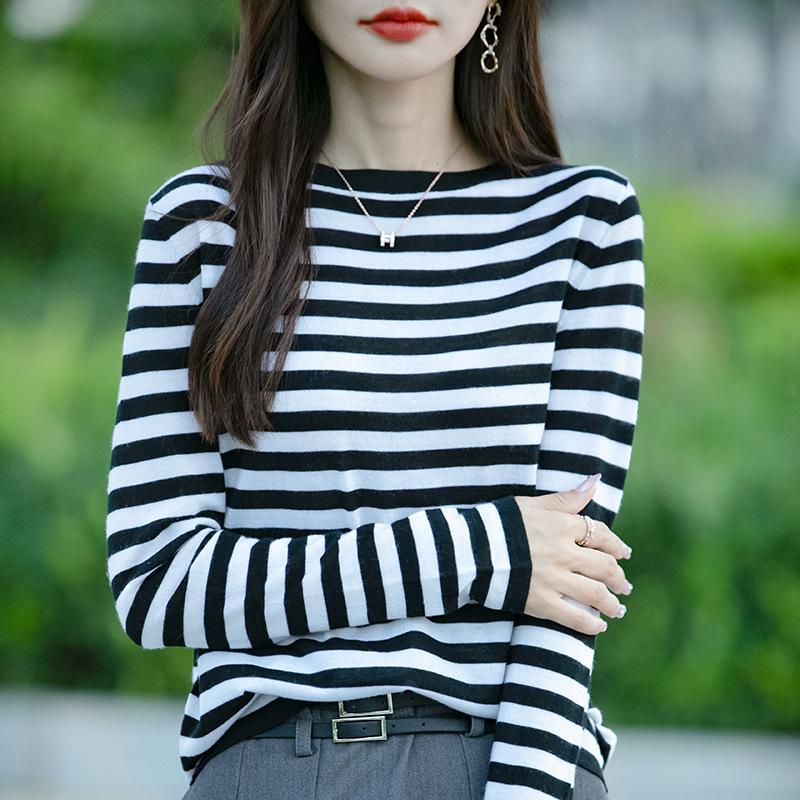 Spring New Style Round-neck Knitted Sweater, Long-sleeved, Color-blocked Striped Loose Pullover Base Layer