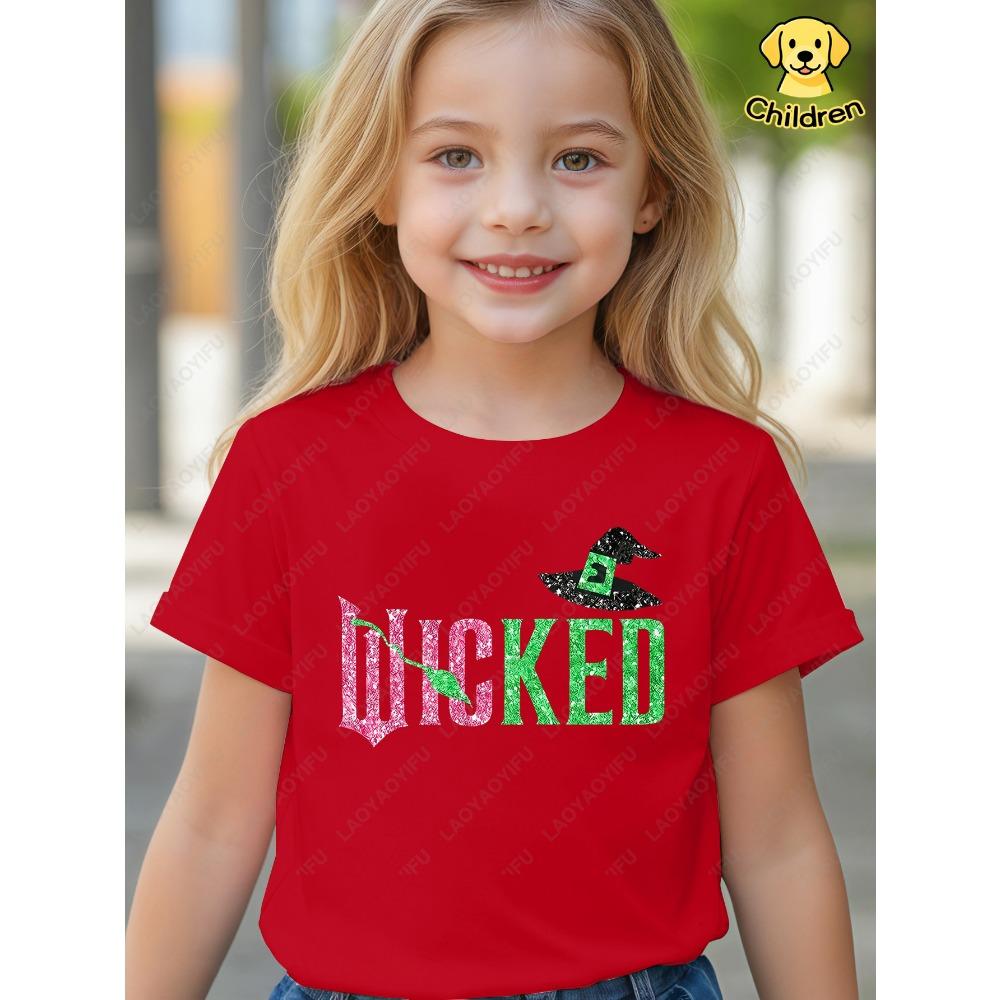 Girls' Wicked Musical-Inspired T-Shirt Cotton Red Short Sleeve Round Neck Tops Trendy Glittery Wicked & Elphaba Children's Shirt
