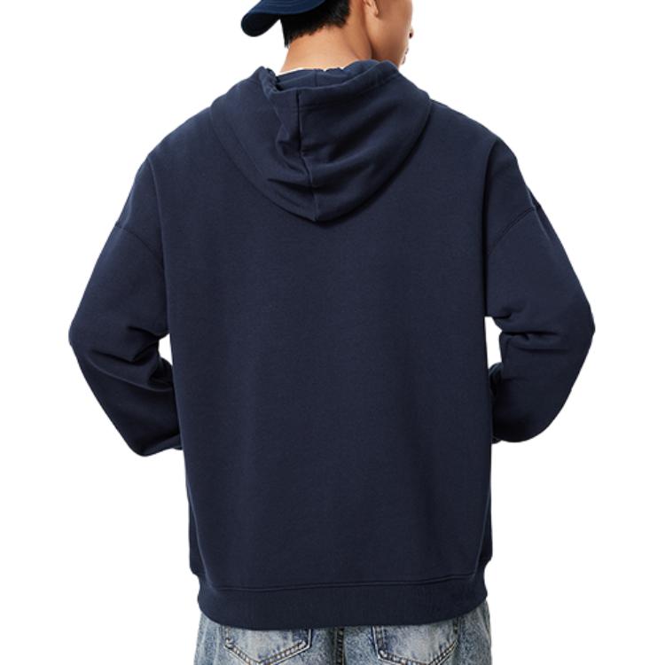 Li Ning Sports Lifestyle Series Letter Loose Warm Fleece Hooded Pullover Long Sleeve Sweatshirt Men sweatshirt Deep-Navy-Blue AWDU673-5