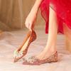 High-end crystal diamond red show clothes women's 2025 new flat-bottomed bridal shoes women's low heels can be worn by pregnant women