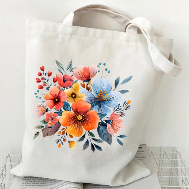 Elegant Wildflowers Aesthetic Canvas Handbag Reusable Floral Shopping Tote Bag for Women