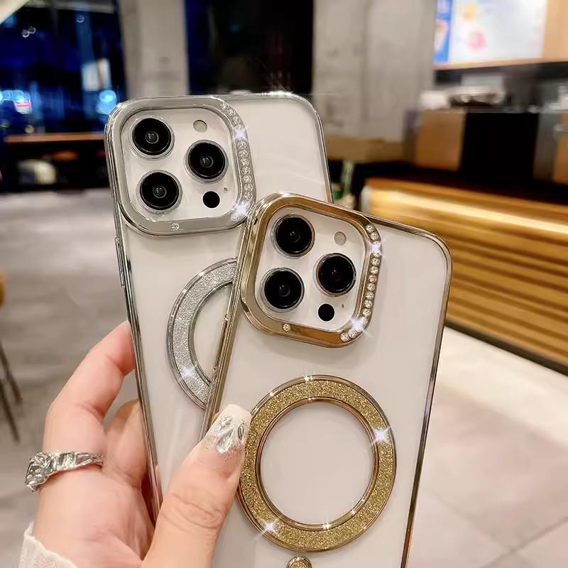 Glitter Magnetic Rhinestone Phone Case for iPhone 17 & 16Pro - Transparent, Drop-proof Protective Cover