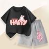 Summer Girls' Casual Set: Cute Rabbit Print Breathable T-shirt + Short-sleeved Pants Fashionable and Comfortable Set