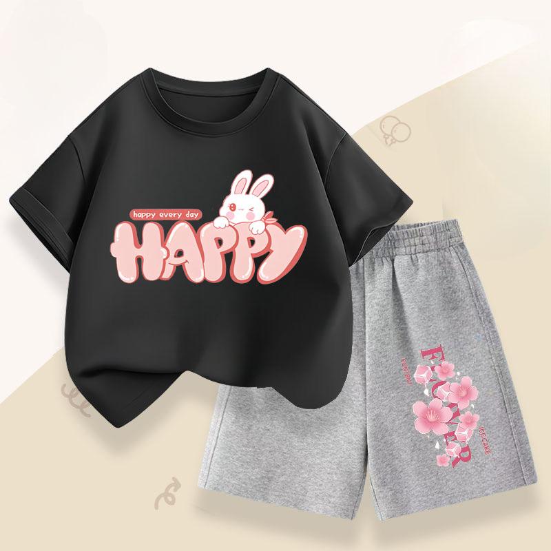 Summer Girls' Casual Set: Cute Rabbit Print Breathable T-shirt + Short-sleeved Pants Fashionable and Comfortable Set