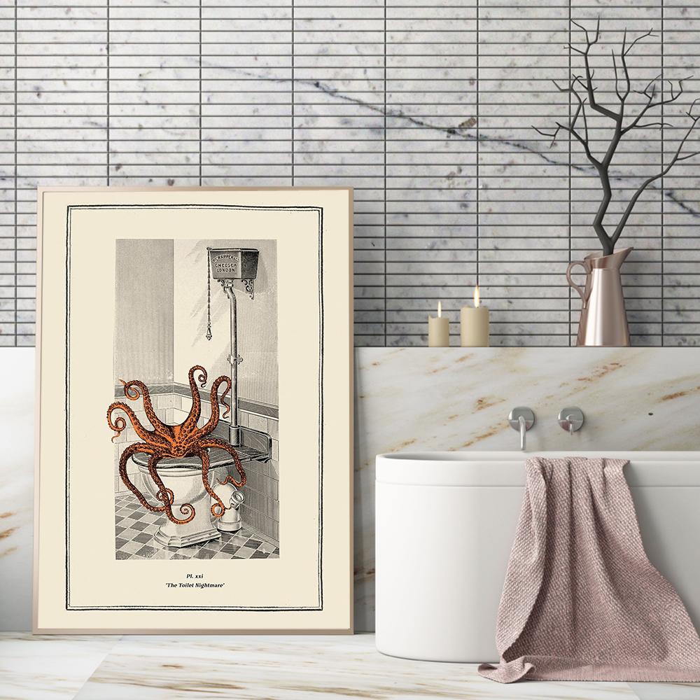 Vintage Octopus Print Funny Toilet Wall Art Cloakroom Poster Retro Gothic Steampunk Bathroom Wall Pictures Canvas Painting Decor