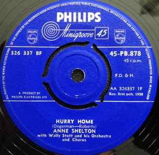 

7inch Record ANNE SHELTON Hurry Home 45PB878 PHILIPS 1958 UK Pop Used