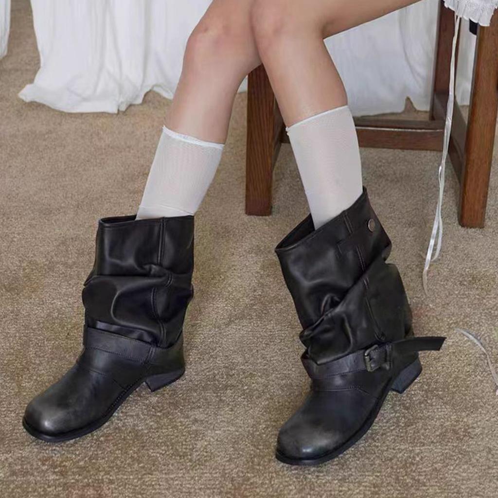 Rindslederversion~ Western-Cowboystiefel Damen Plissee Stiefel mit Blockabsatz Schwarz Runde Spitze Retro Lederstiefel Dicke Ferse Ritterstiefel
