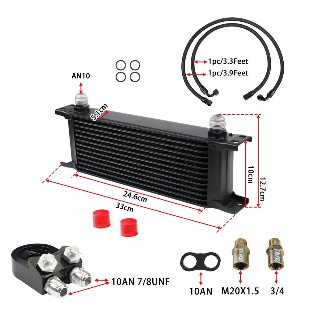 Universal 13 Rows Oil Cooler Kit, 10AN Transmission Engine Cooler w/Oil Filter Sandwich Adapter Nylon Braided Hose Line Kit