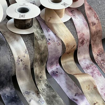 10 Yards Neo-Chinese Style Satin Ribbons Antique Flower Print Sewing Webbing for Hairband Diy Gift Wrapping Bouquet Packaging