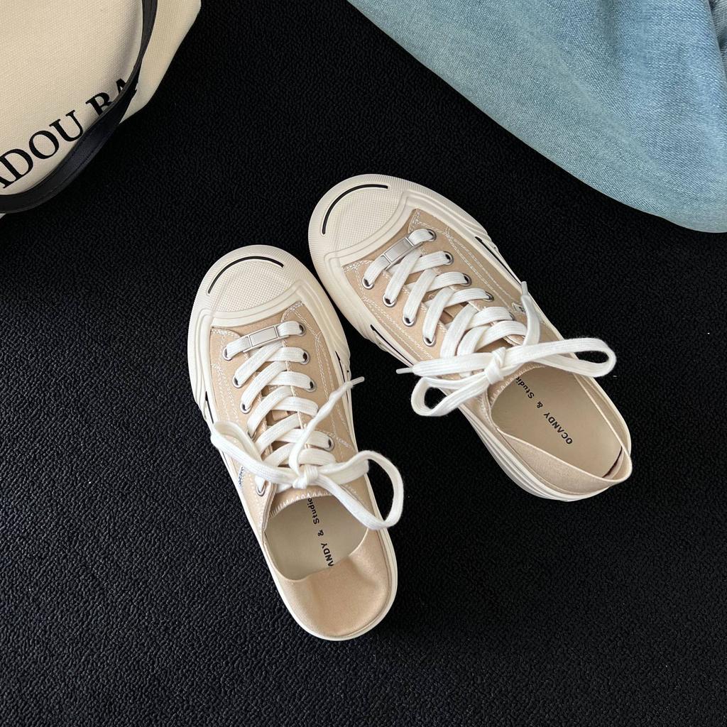 Broken Code Picking Up Leaks [a Pair of Dual-purpose] Thick-soled Lace-up Open Smile Canvas Shoes Women's 2025 New Versatile Little White Shoes
