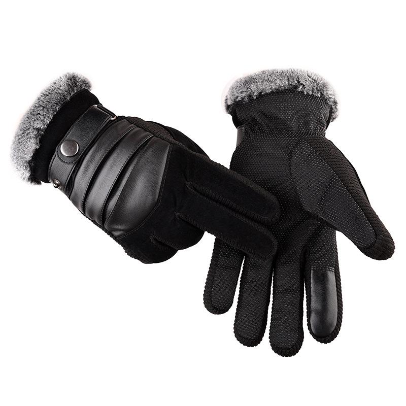 Brown Mens Leather Gloves Real Pigskin  Winter Gloves Warm Thick Driving Skiing Men's Gloves