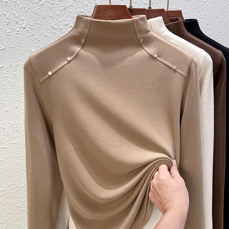 Double-sided German velvet semi-turtleneck bottoming shirt for women's autumn and winter models with velvet thickened warm long-sleeved top