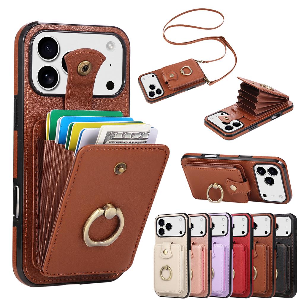 Strap Crossbody Leather Phone Case for iPhone 17 Pro Max Air 17E 16E 16 Plus 15 Pro 14 13 Mini 12 11 Ring Card Holder Bag Cover