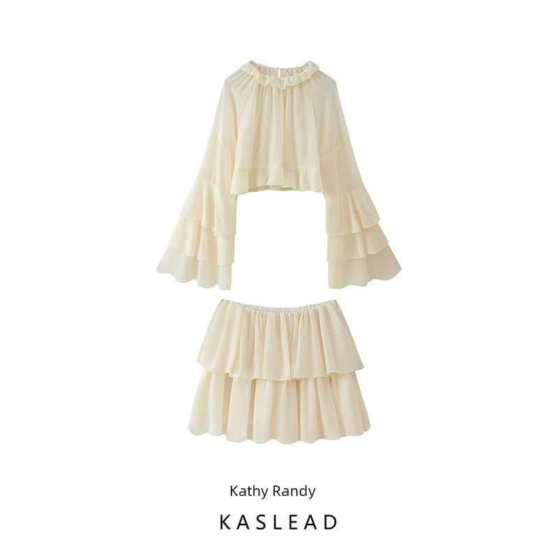 Kaslead New Women Clothes Western Style Fashion Simple Frill Chiffon Shirts Skirt Two-piece Set