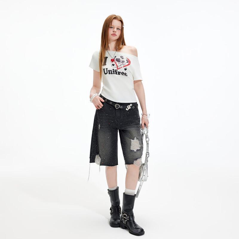 UNIFREE American Street Off-Shoulder Pet Print T-Shirt