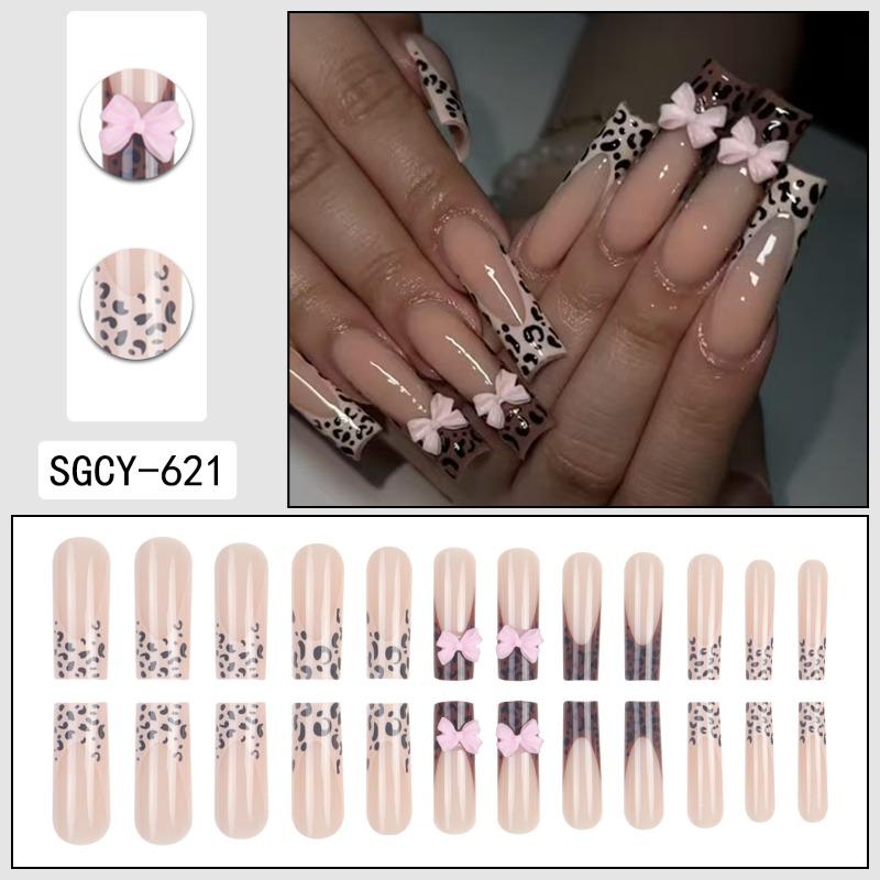 European and American cross-border hot-selling wearing nail pipe nail French leopard print bow fake nail press on nails24