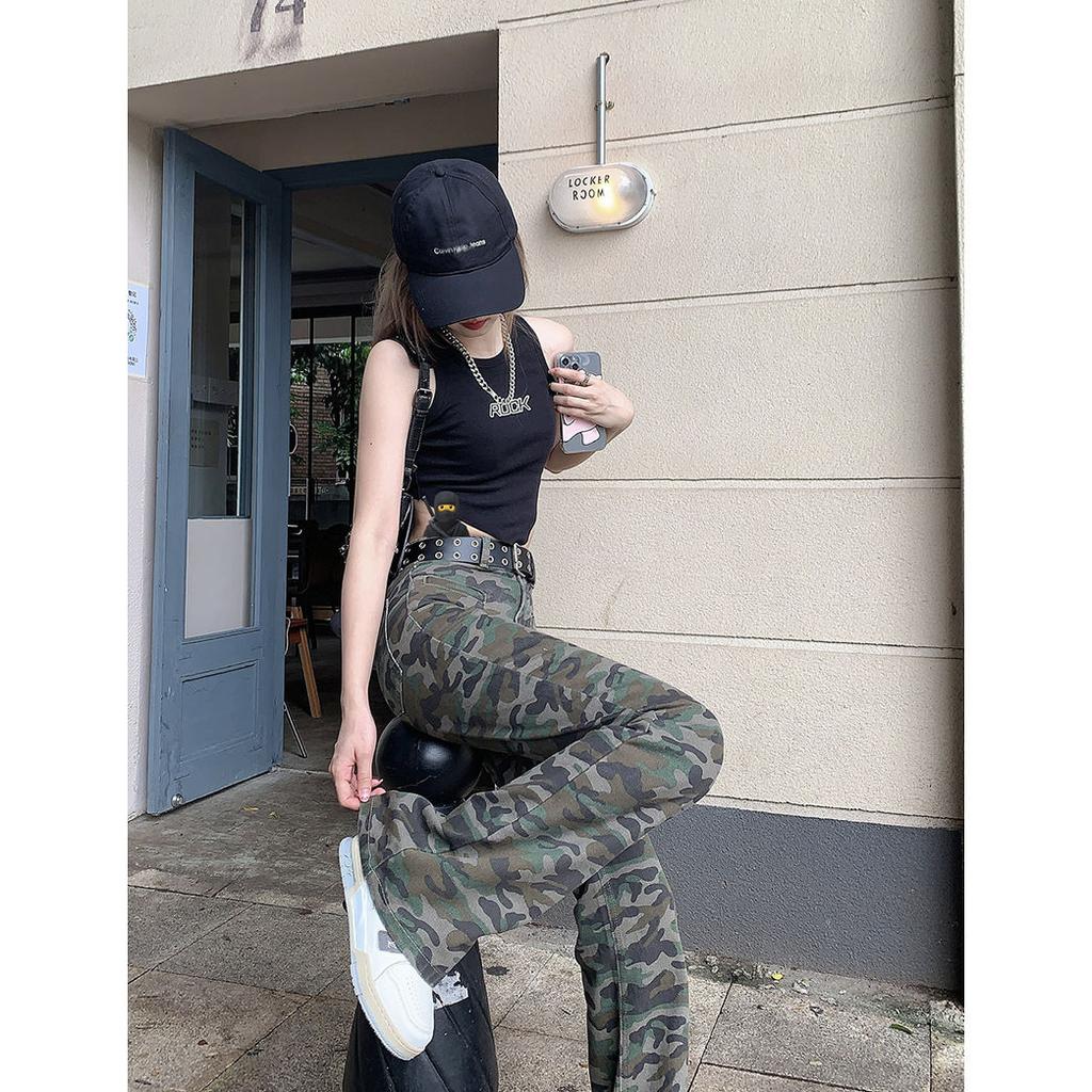 Retro Camouflage Jeans for Women New Slim Fit Floor-length Slightly Flared Pants