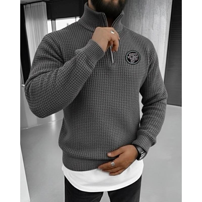 Embroidered Badge Half-Zip Vintage Knit Sweater Unisex Casual Top Youth