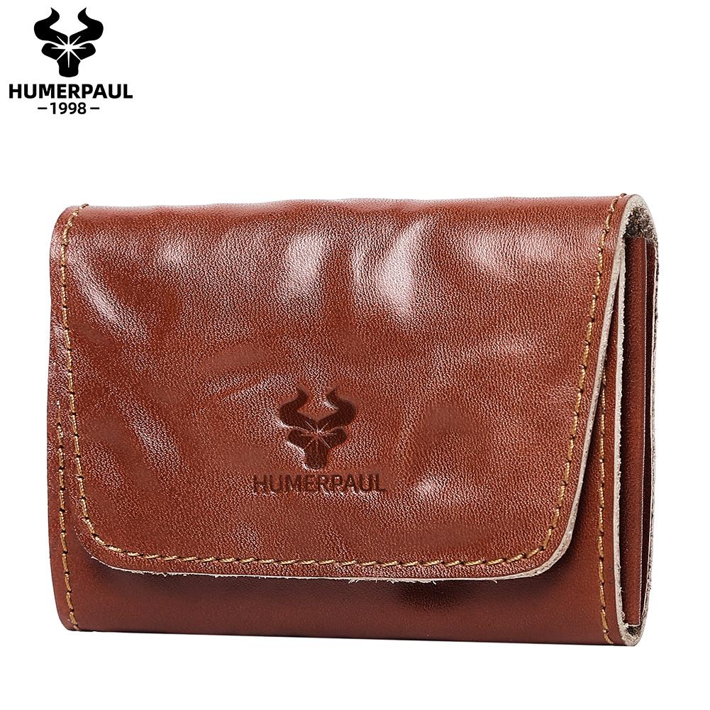 HUMERPAUL Ladies wallet first layer cowhide solid color convenient retro style short coin purse credit card storage leather solid color card case