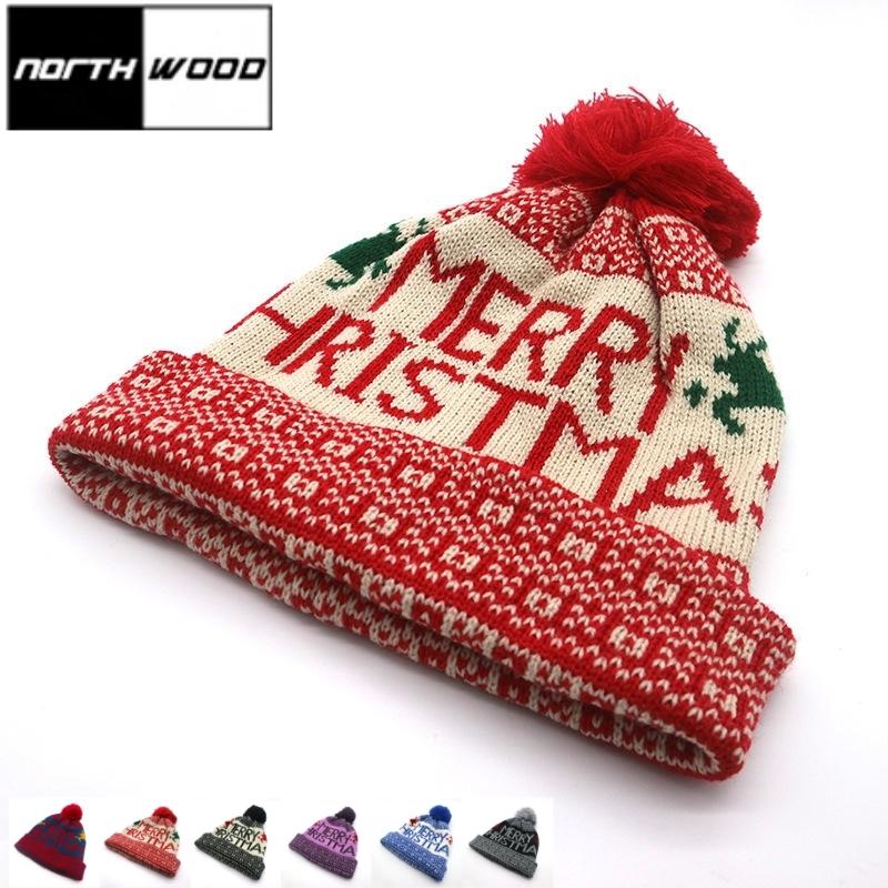 NORTHWOOD Winter Knitted Jacquard Santa Woolen Beanies Hat Ear Protection Warm Fur Ball Christmas Beanie Hat