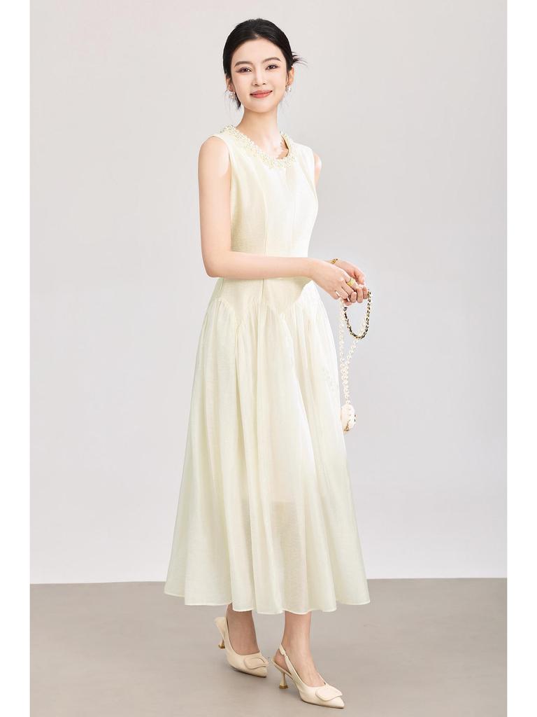 High-Quality Beaded Tencel Crepe Waist-Cinched French Aristocratic Style Tea Party Dress for Women